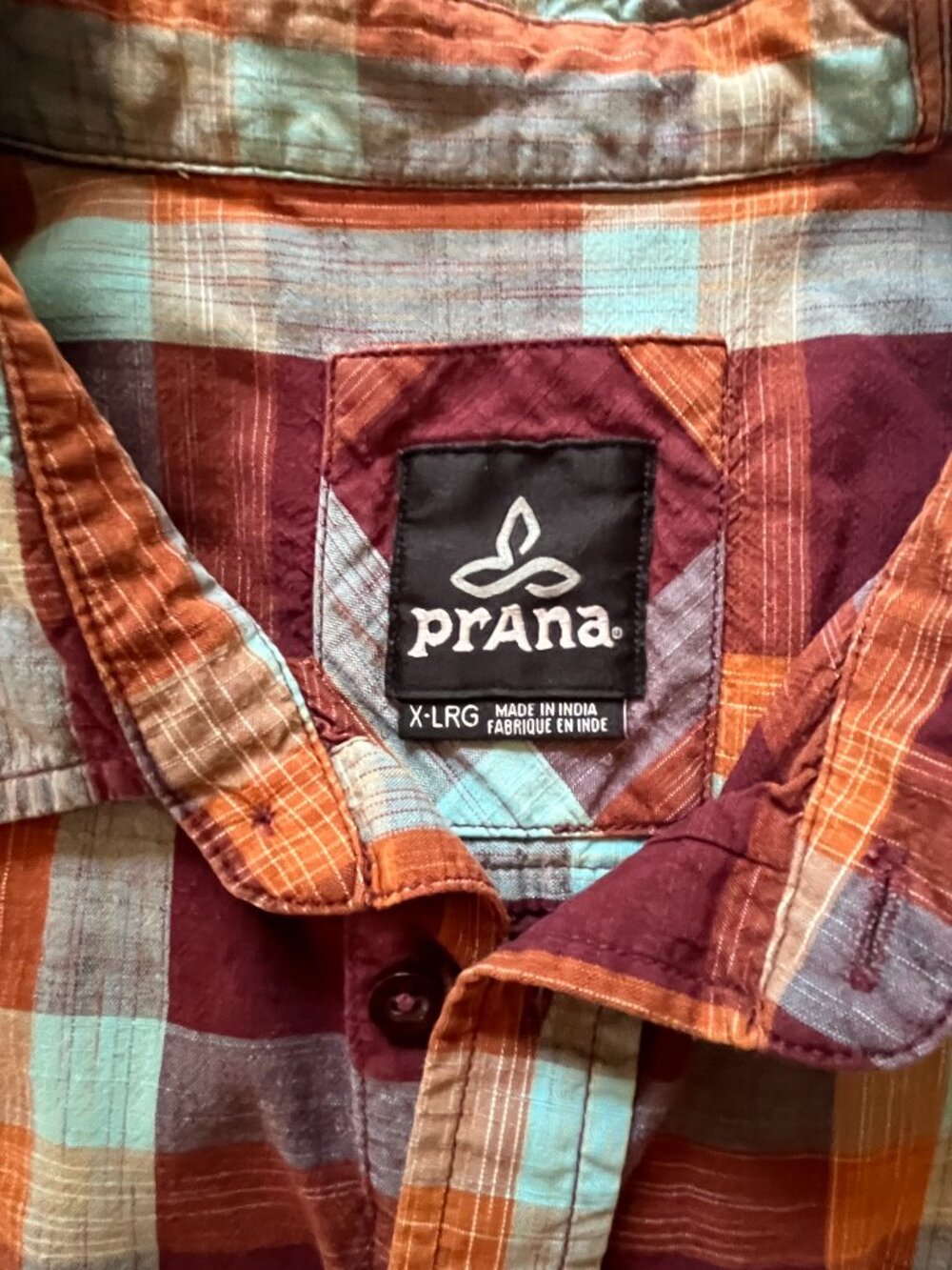 Prana mens Extra Large short sleeve button down shirt plaid orange rust